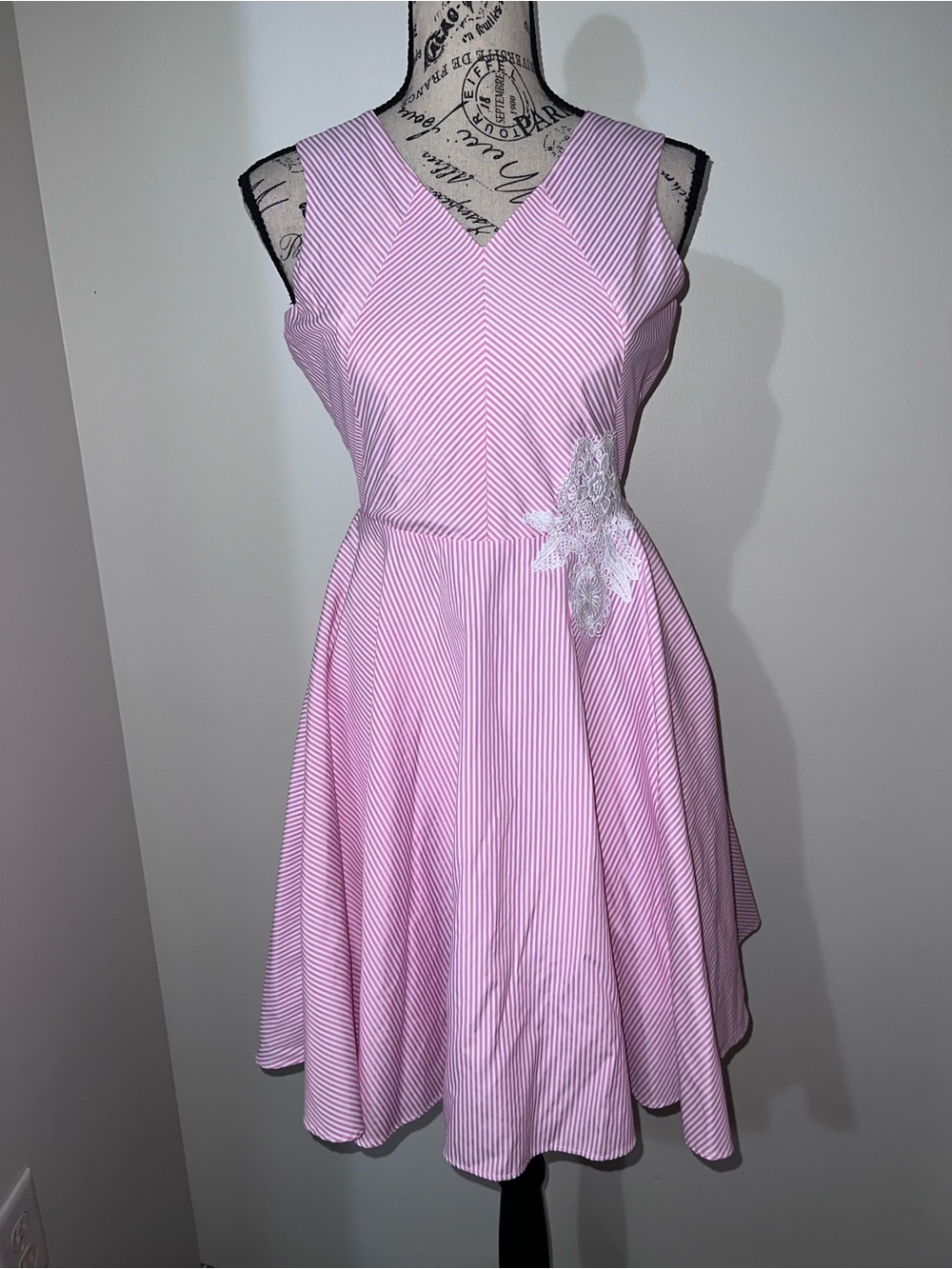 Rare Editions Pink White Striped Seersucker Bow Back Dress Lace Applique Sz 16